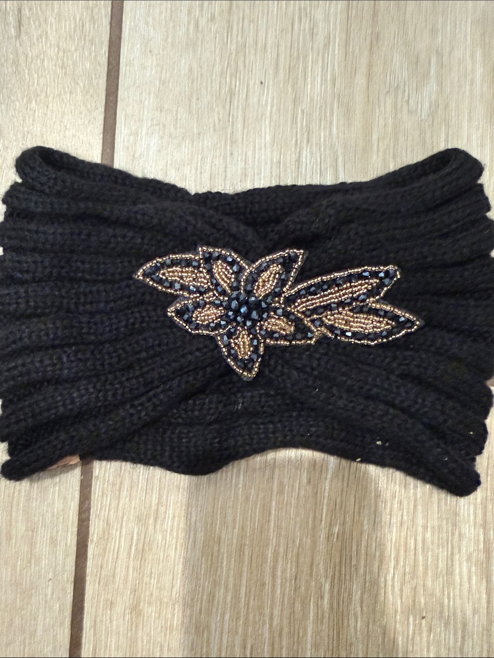 Black Beaded Knit Headband with Floral Accent